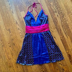 Bebe printed magenta and blue tie halter dress